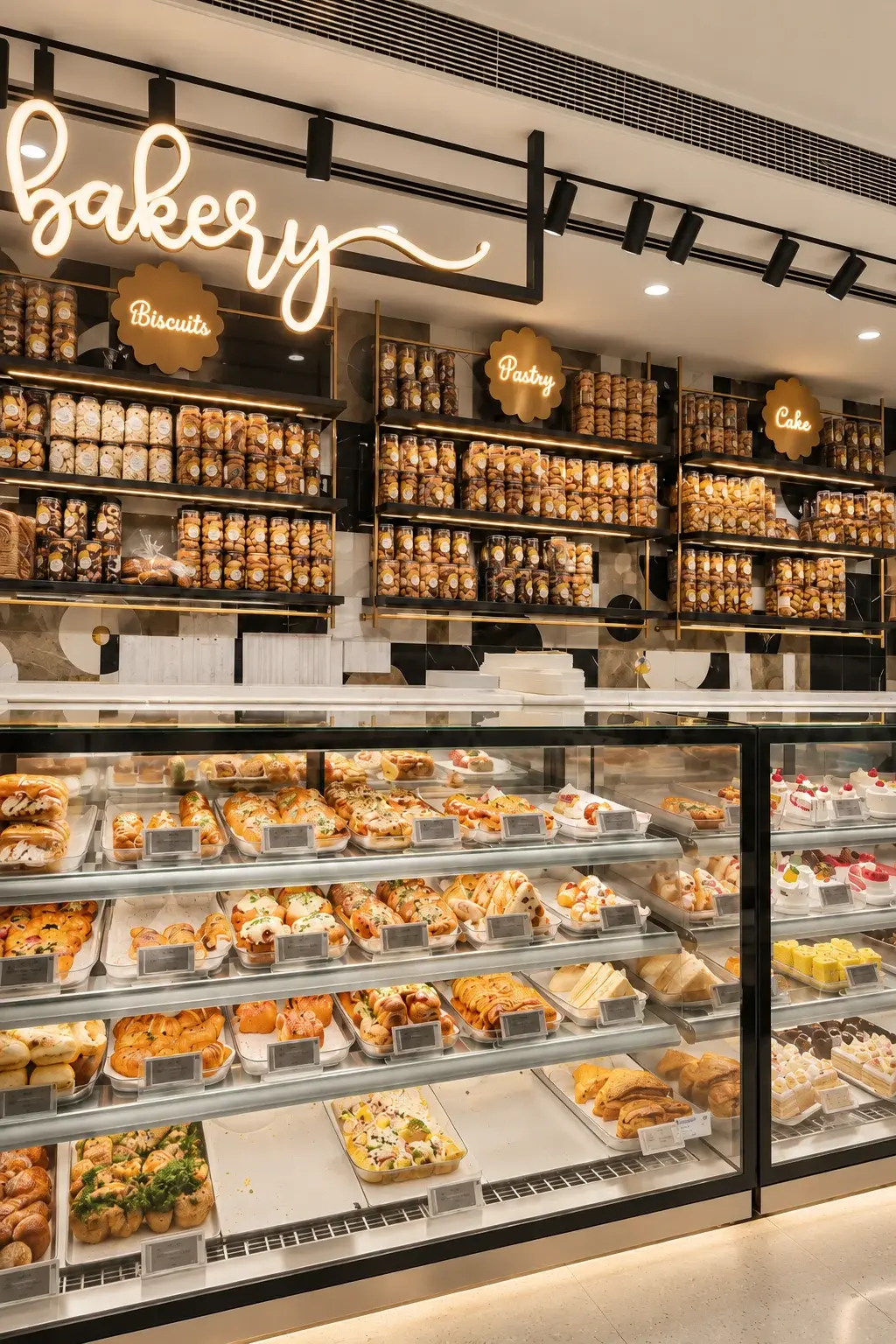 Concept photograph of a bakery counter under a lit Bakery sign, with shelves of biscuit jars above a glass case of pastries and cakes