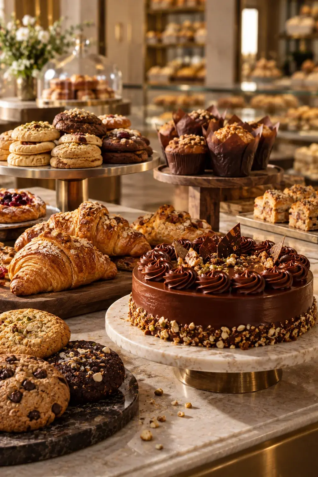 Concept photograph of a chocolate cake, croissants, cookies and muffins on a bakery counter