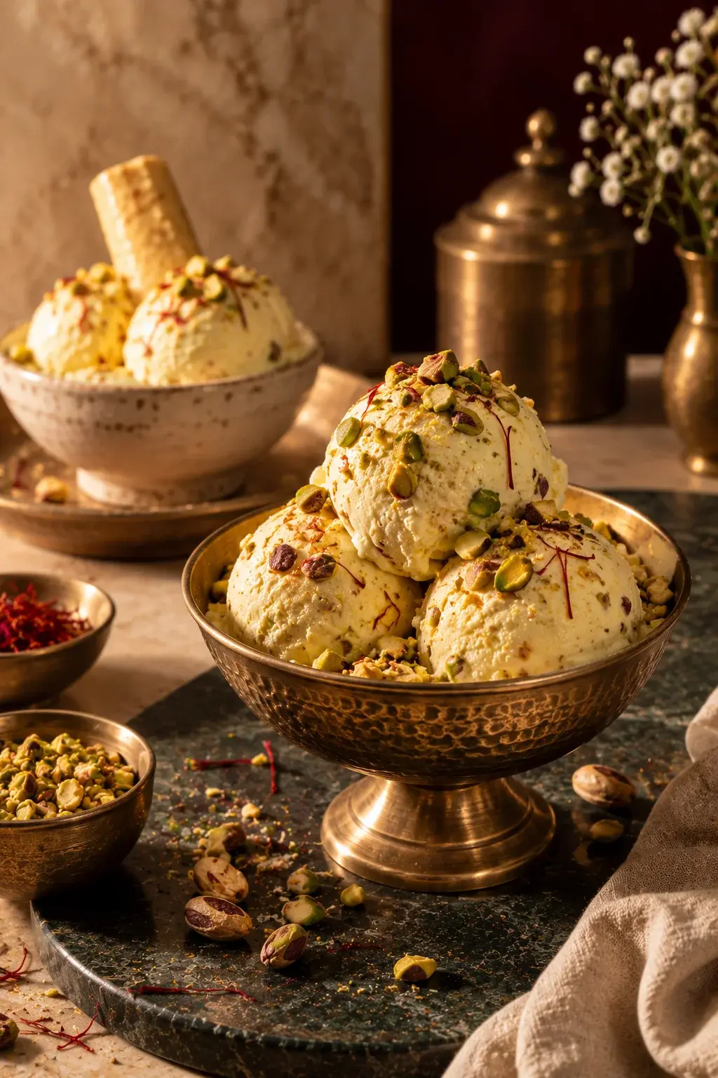 Concept photograph of pistachio ice cream scoops in a brass bowl beside a kulfi