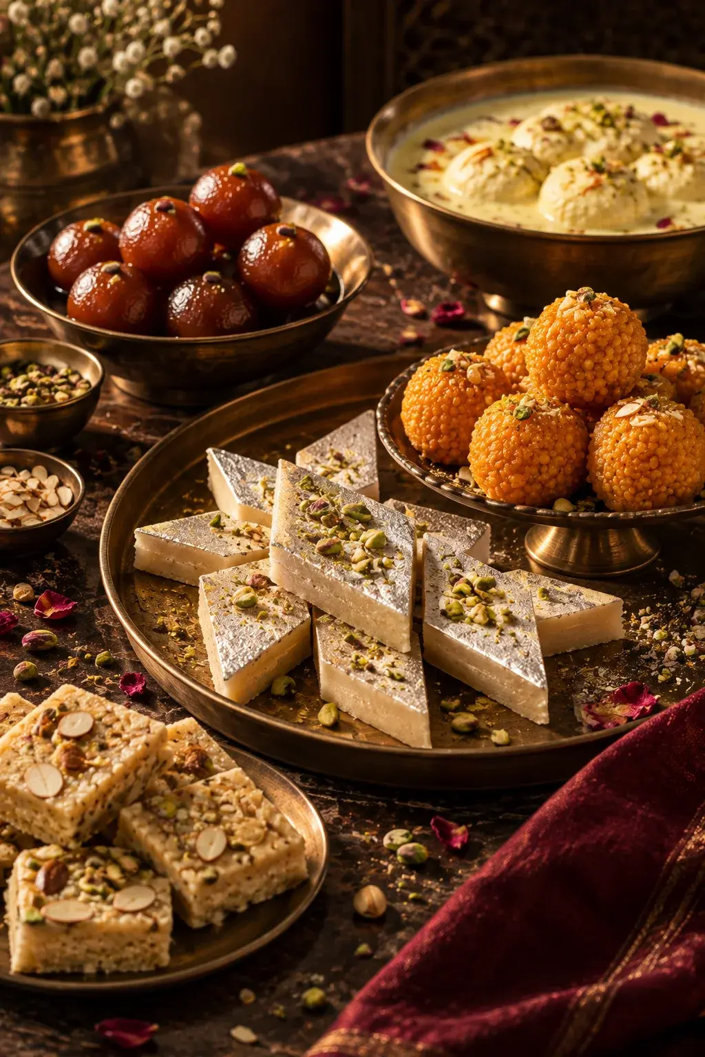 Concept photograph of assorted mithai on brass platters: kaju katli, motichoor laddus, gulab jamun and rasmalai