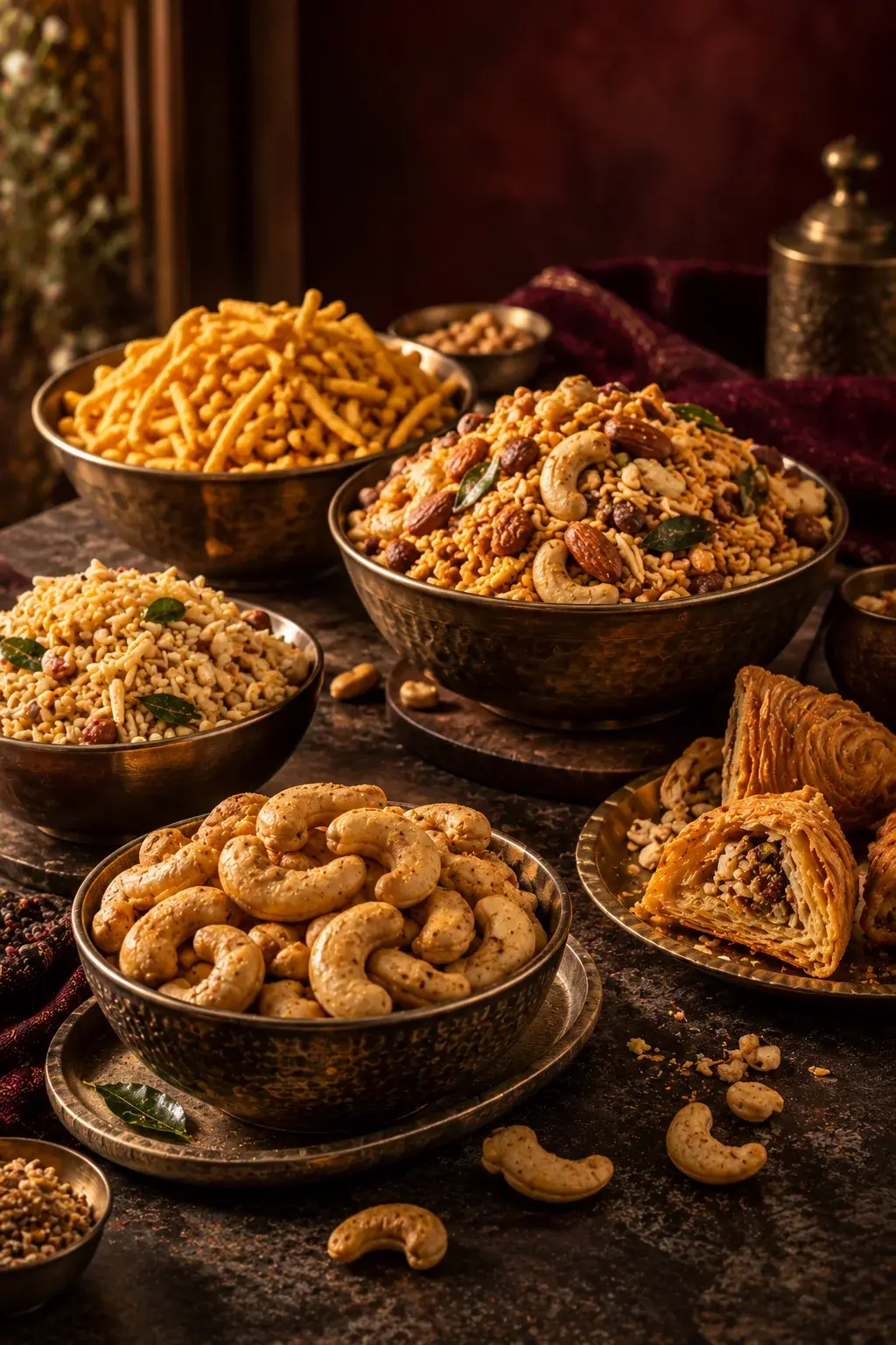 Concept photograph of brass bowls of namkeen, sev, cashews and mixture on a dark table