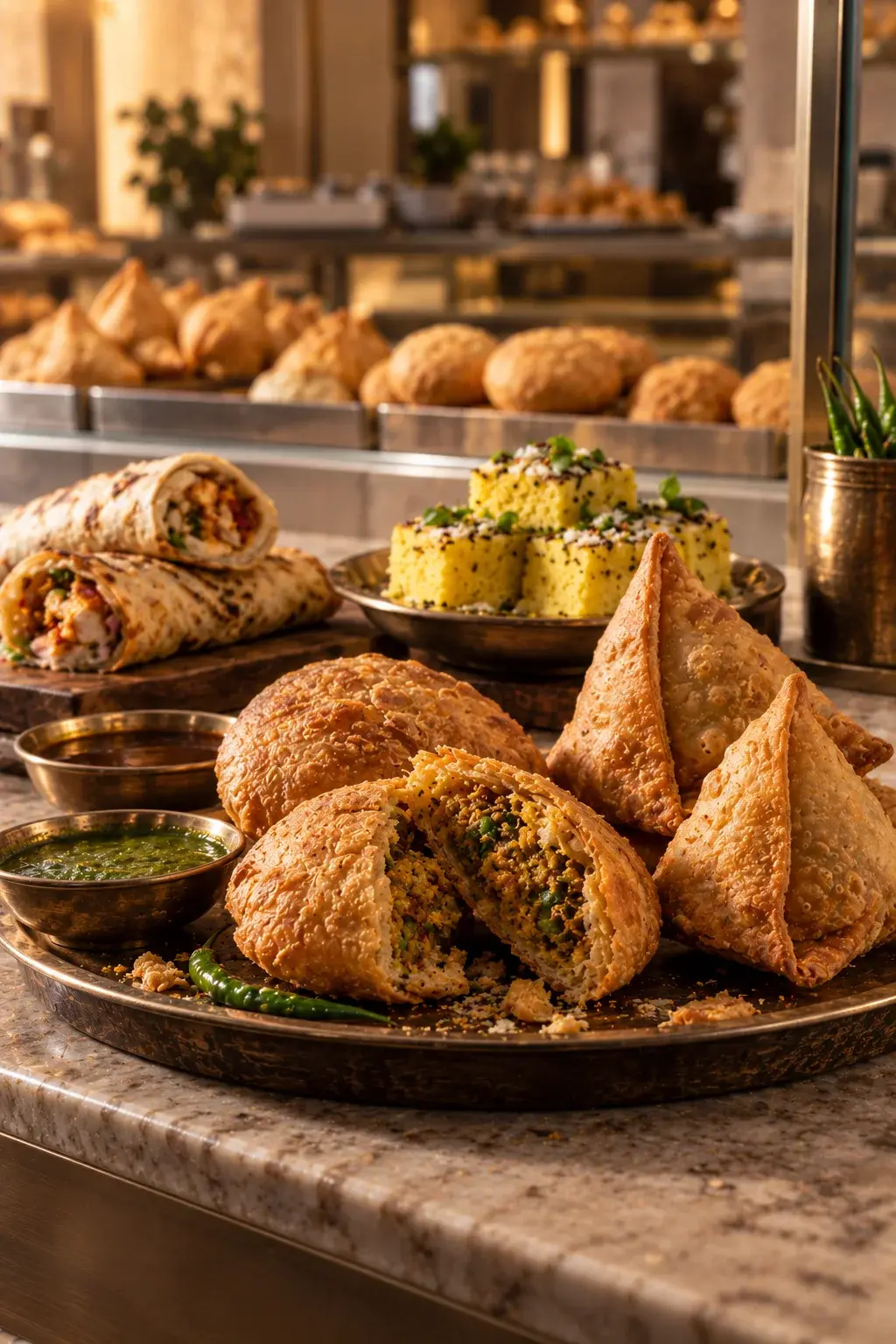Concept photograph of samosas, kachori, rolls and dhokla on a brass platter at a snack counter