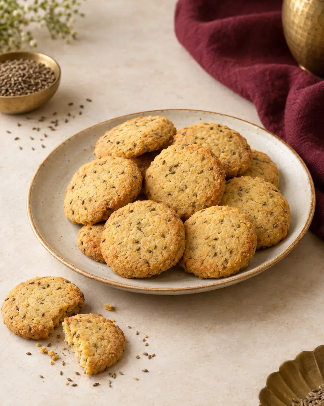 Golden savoury cookies flecked with carom seeds