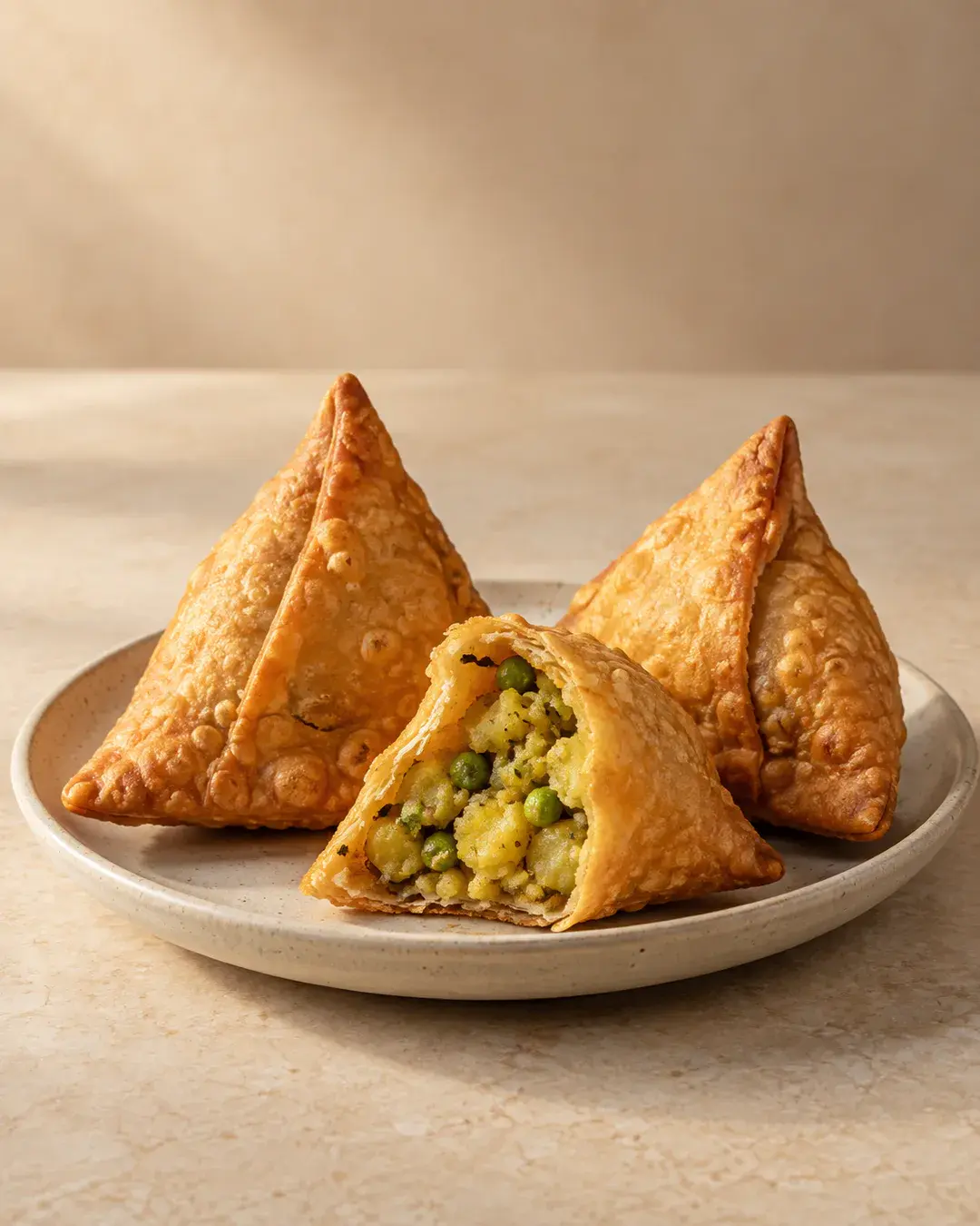 Crisp triangular aloo samosas, one showing potato and pea filling