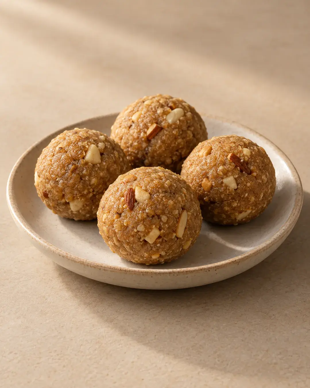 Rustic brown atta laddus with small nut pieces
