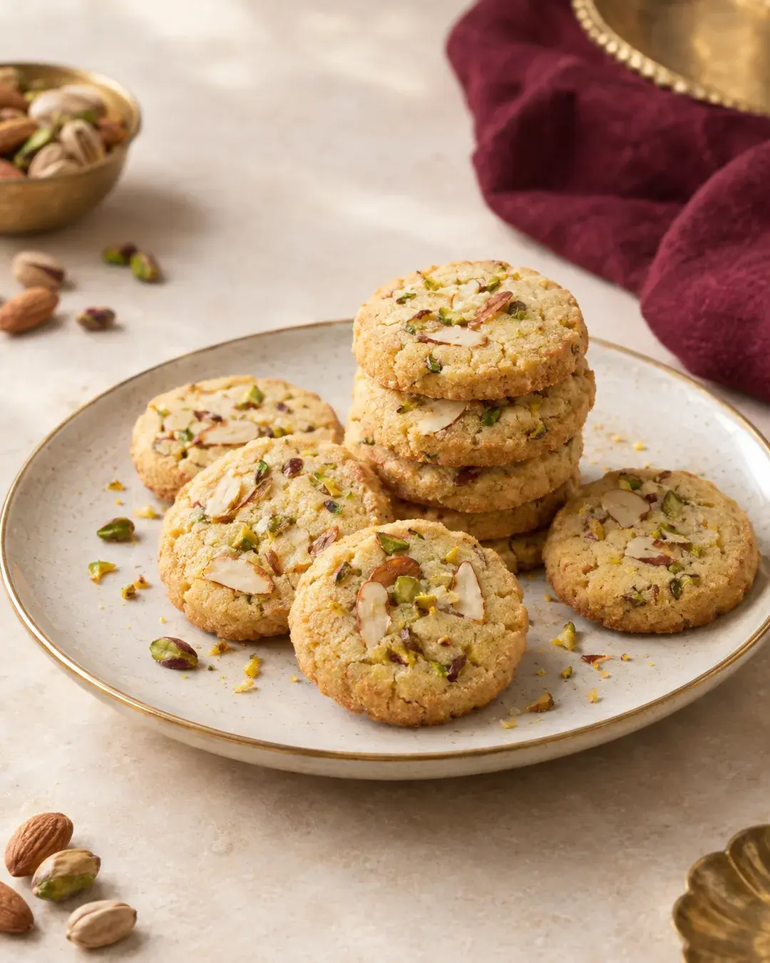 Buttery cookies topped with sliced almond and pistachio