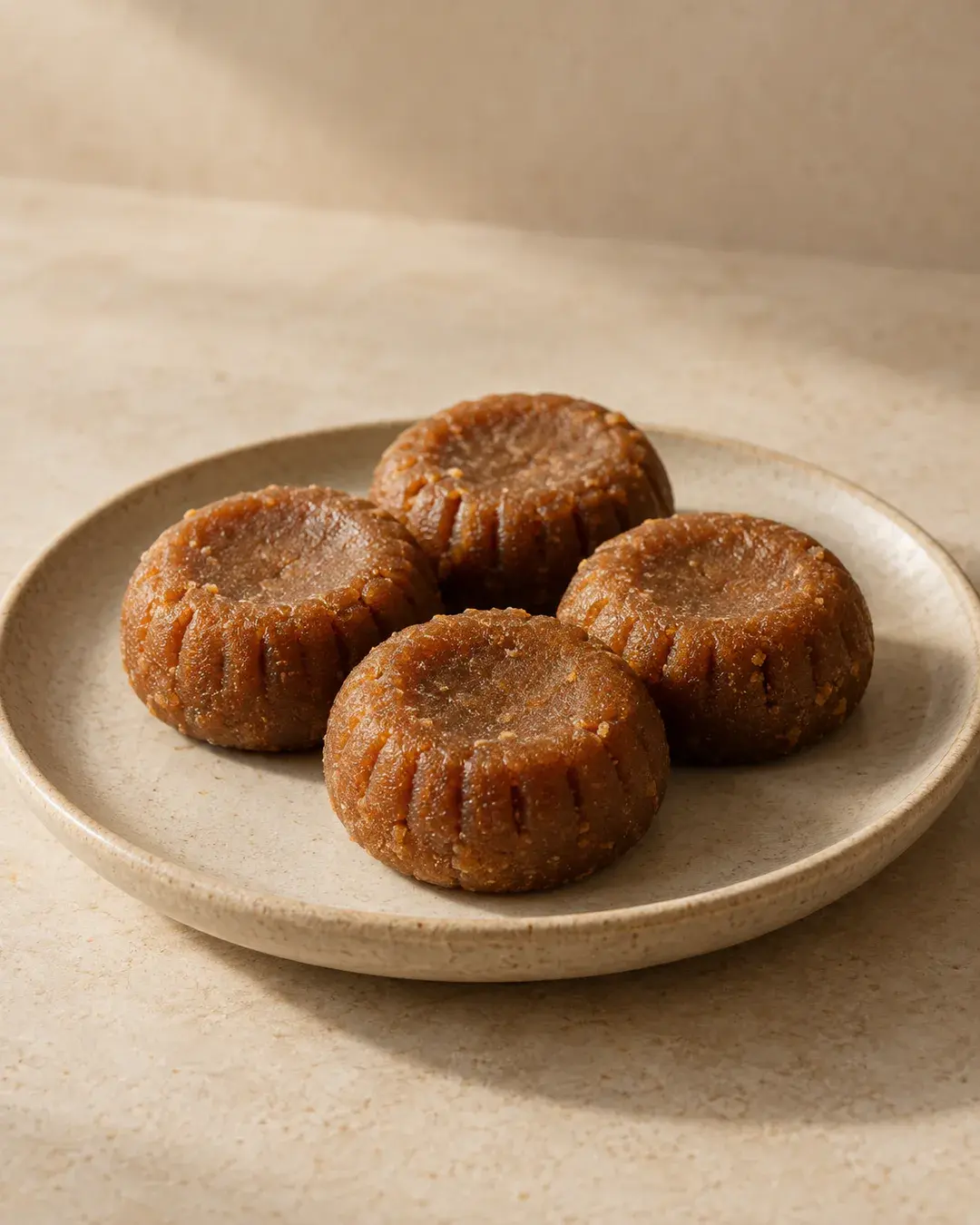 Dark caramel-brown khoya peda discs