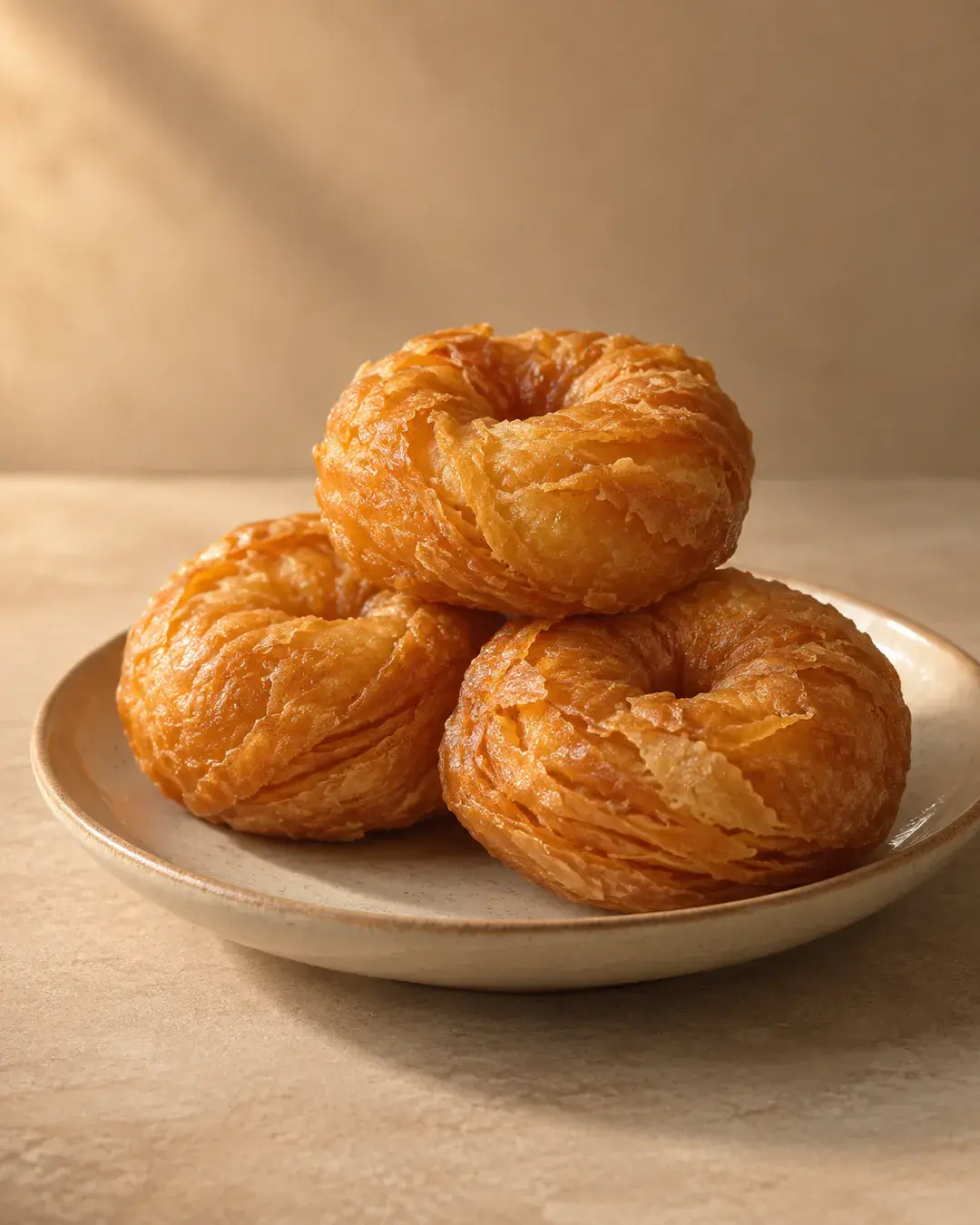 Golden flaky balushahi on a neutral ceramic plate