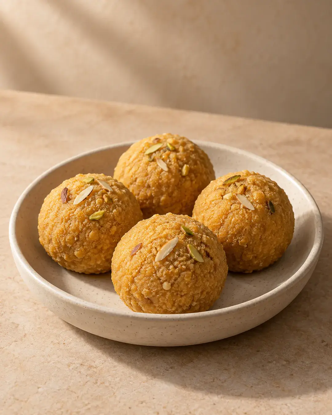 Coarse-textured golden besan laddus with pistachio slivers