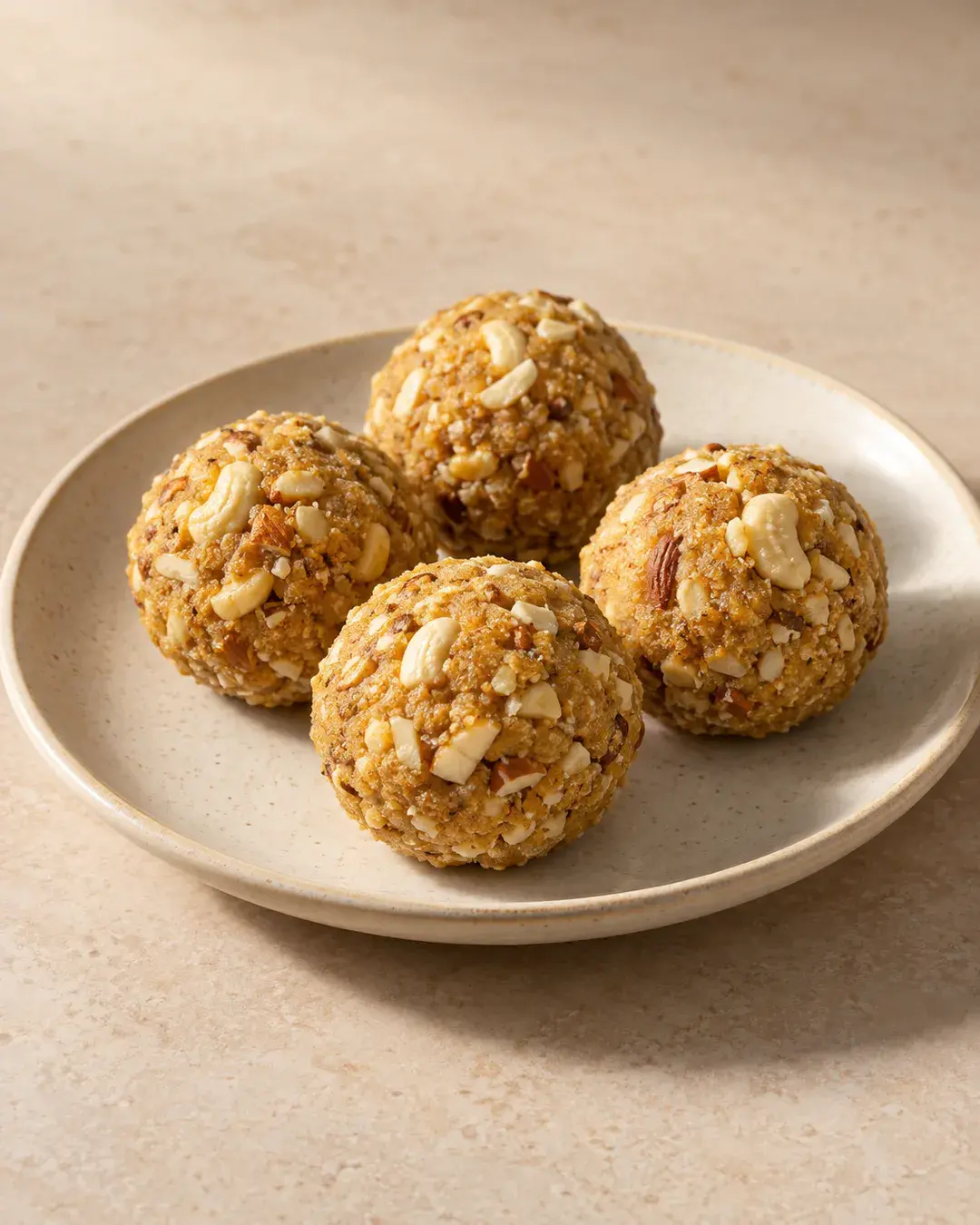 Coarse chana mewa laddus with chopped dry fruit