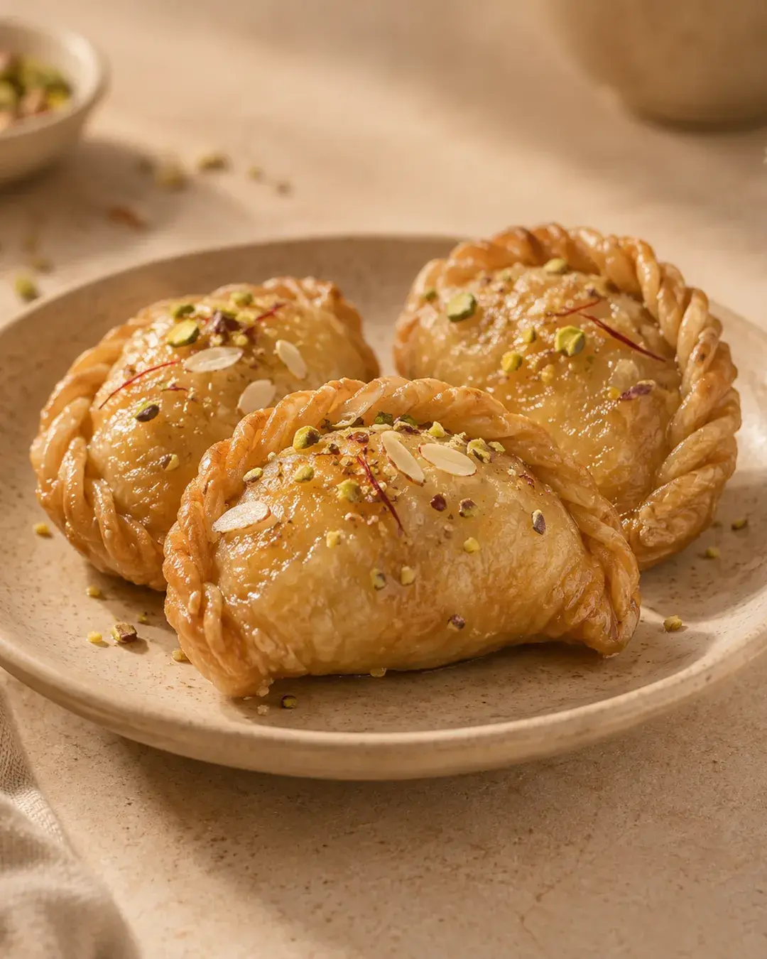 Three crimped golden chandrakala on a stoneware plate, topped with almond slivers, pistachio and saffron