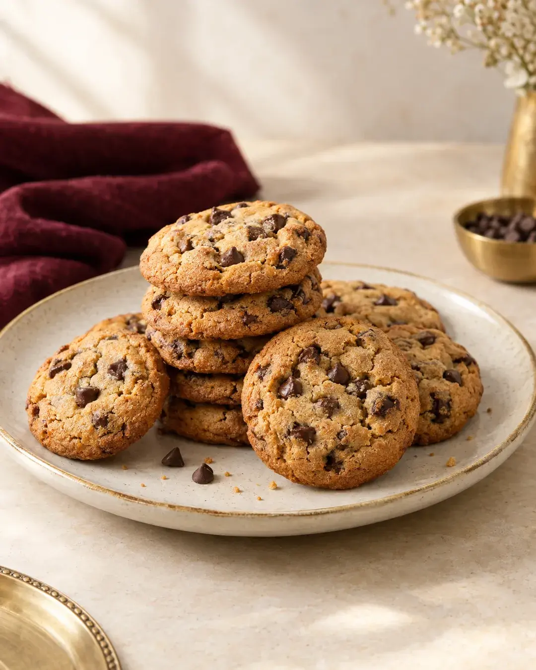 Golden cookies studded with dark chocolate chips