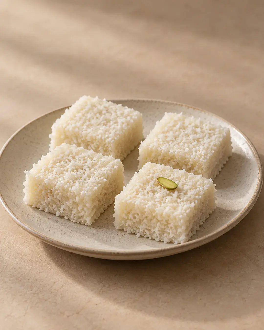 Ivory coconut barfi pieces with fine coconut texture