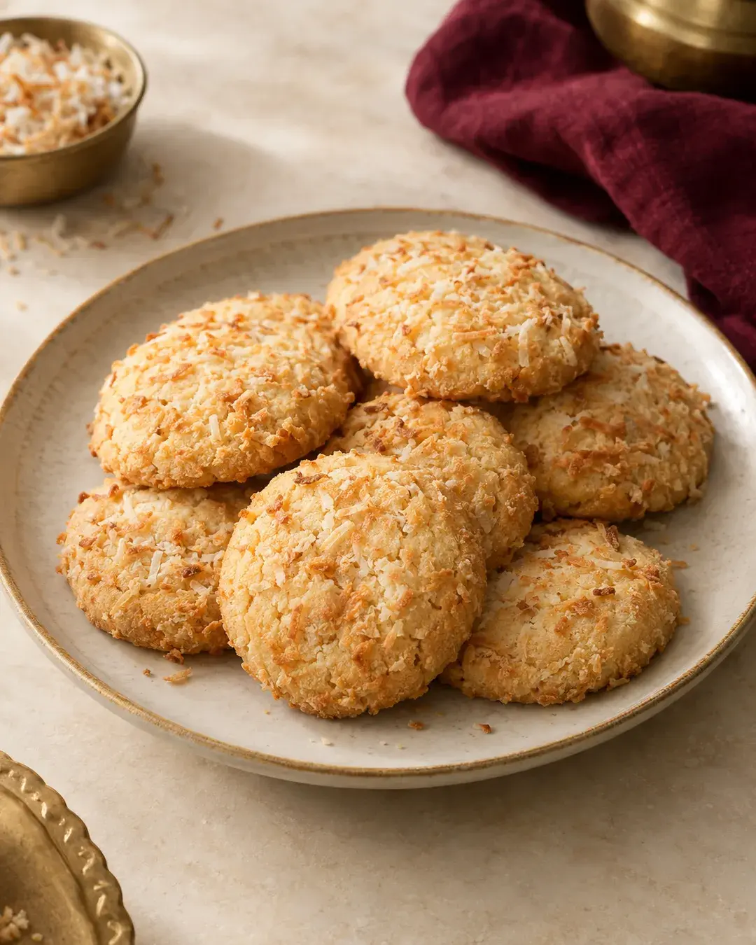 Crumbly cookies coated in toasted desiccated coconut