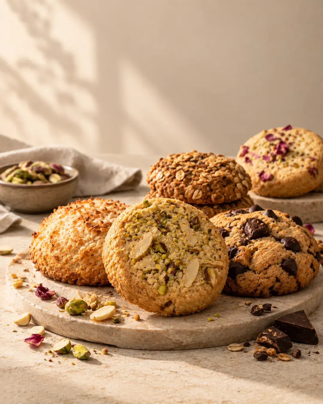 Concept photograph of cookies on a stone board: pistachio, coconut, oat, rose and chocolate chip