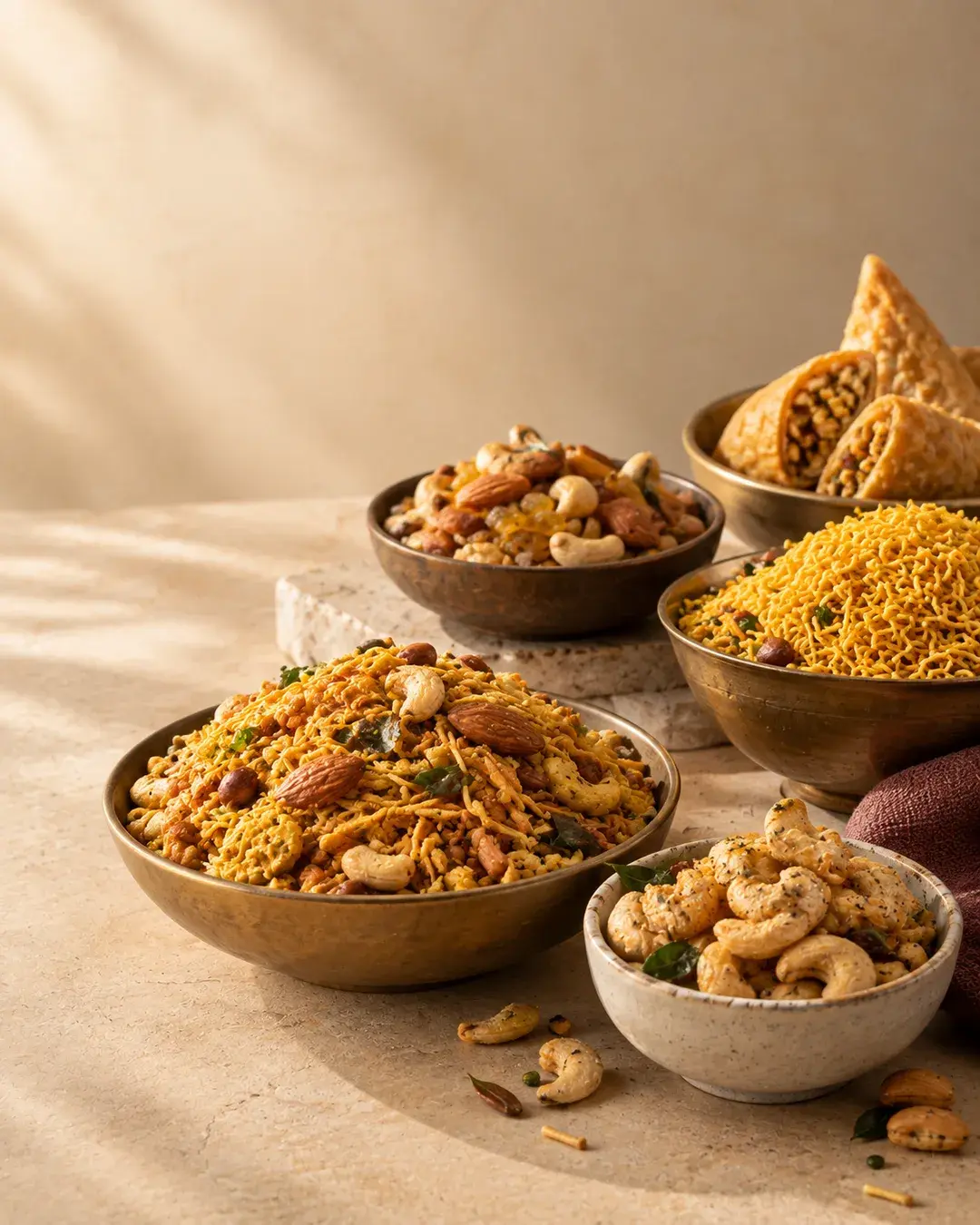 Concept photograph of brass and stone bowls of namkeen: mixture with cashews and almonds, fine sev, and a plate of dry samosas