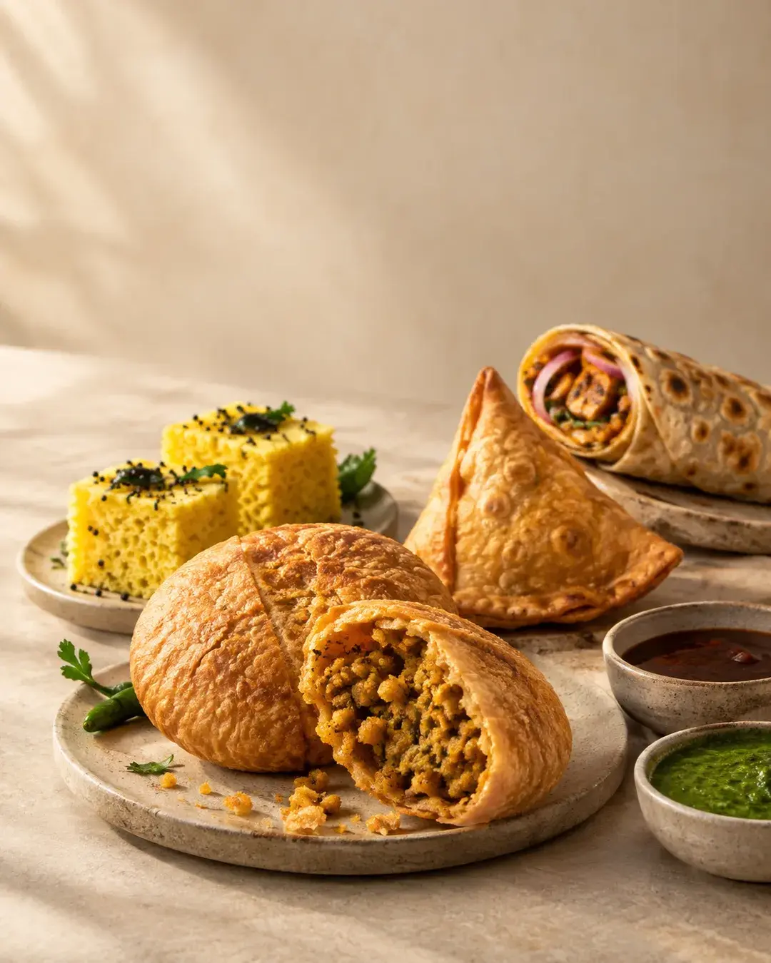 Concept photograph of a kachori broken to show its filling, beside a samosa, dhokla and a roll with two chutneys