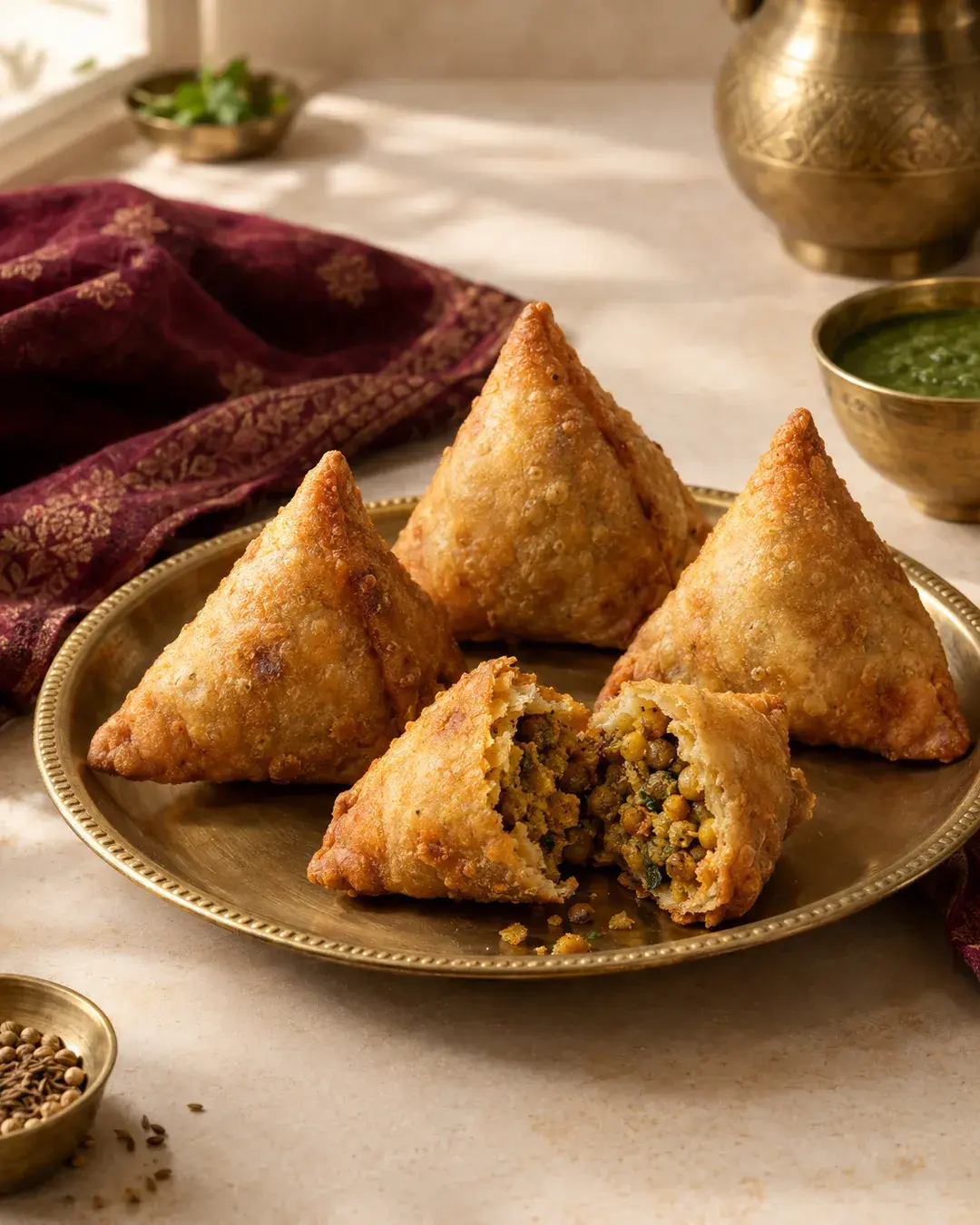 Crisp dal samosas on a brass plate, one broken open to show the spiced lentil filling