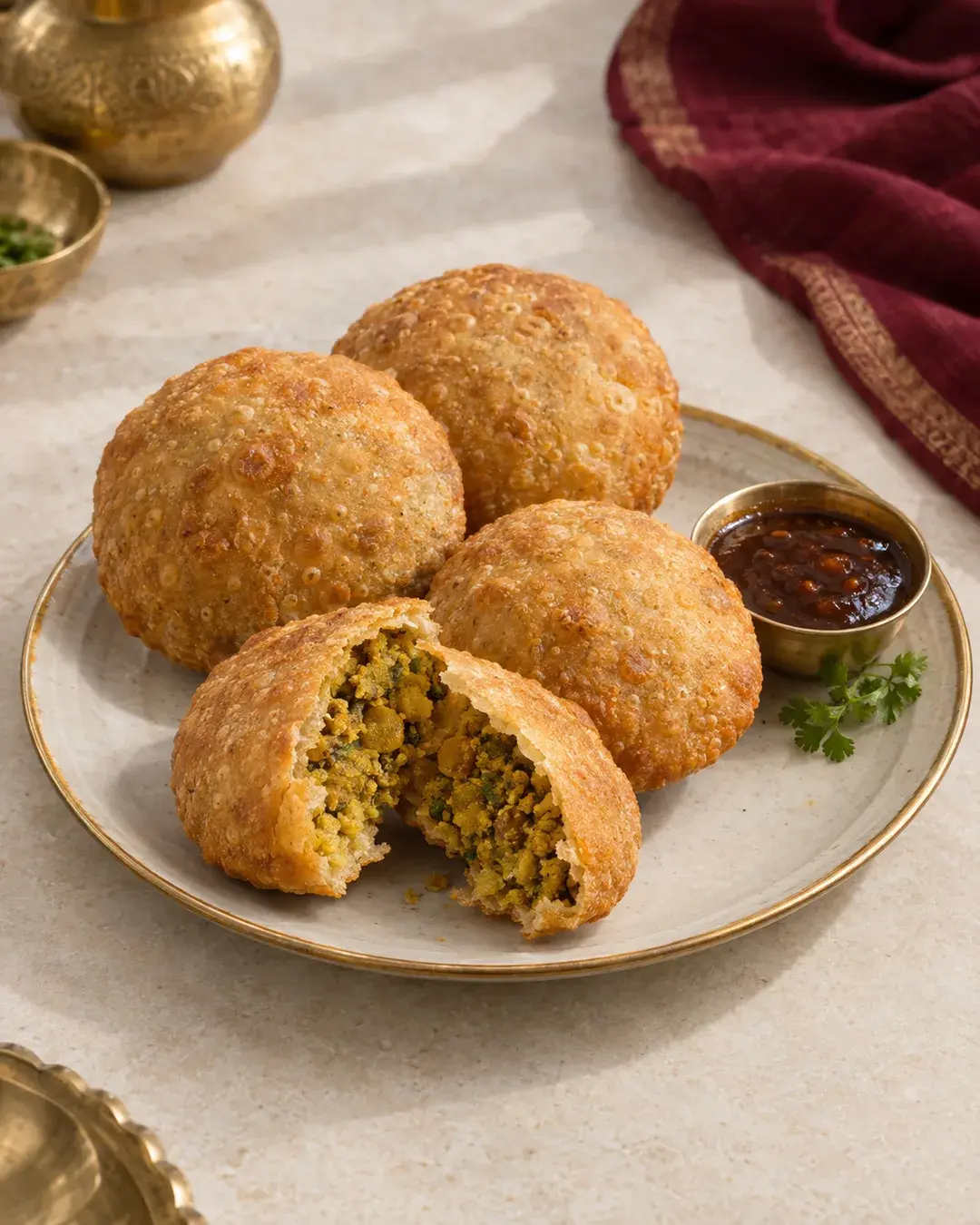 Golden dal kachoris with a bubbled crust, one split to show the spiced lentil filling