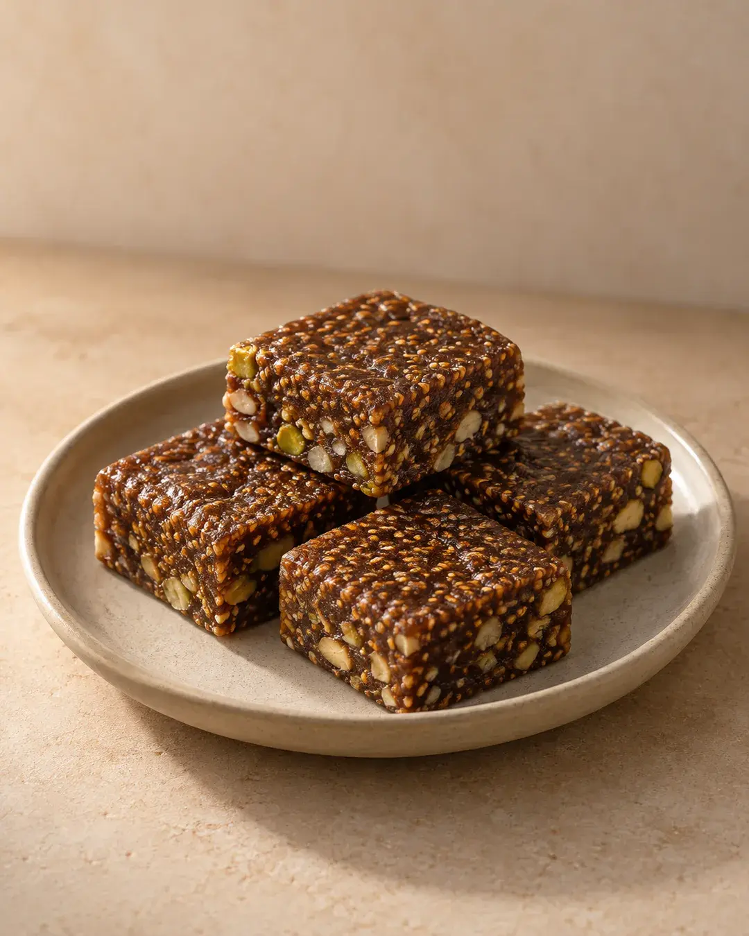 Dark fig-and-milk barfi with visible fig seeds