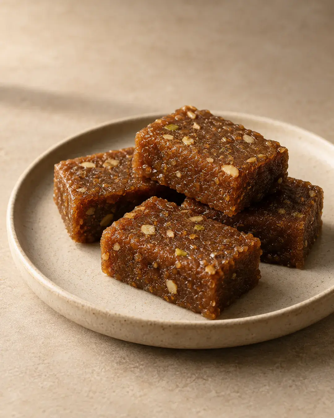 Dark caramel-brown doda barfi pieces