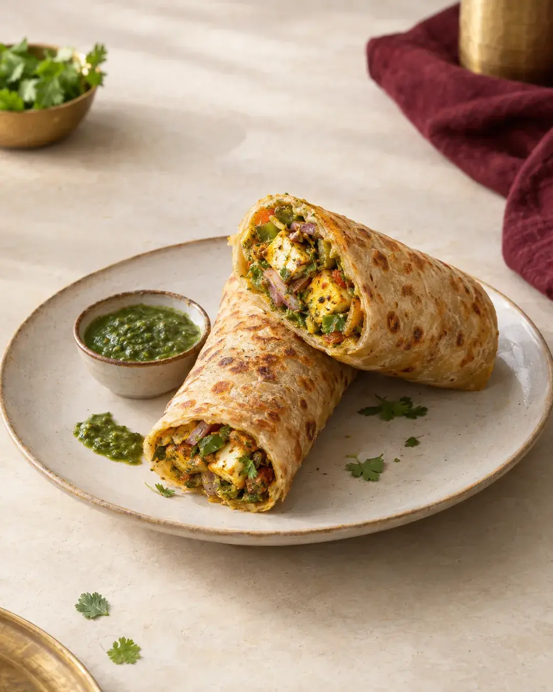 Griddled vegetable franki rolls, one cut to show the filling