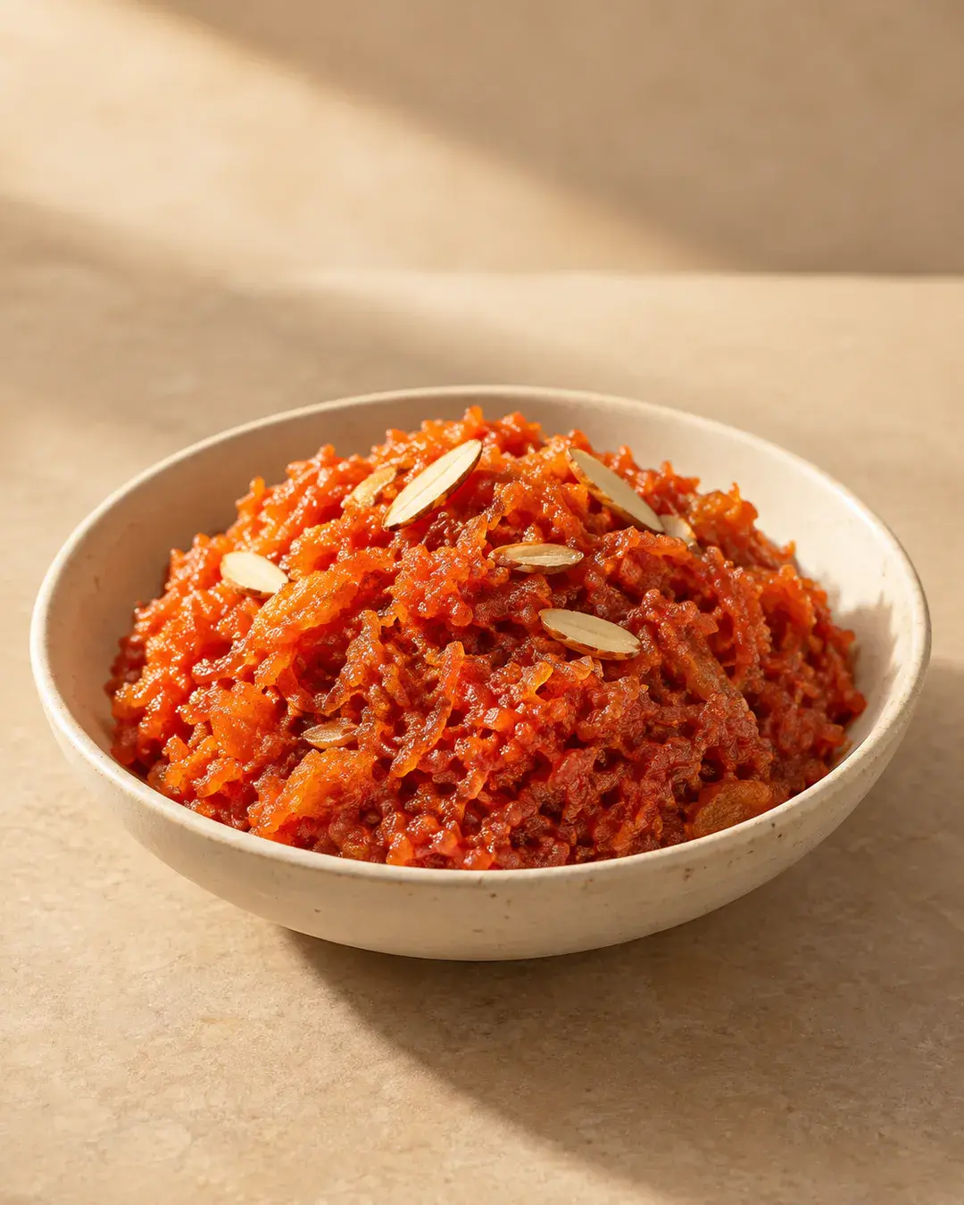 Ghee-glossed shredded carrot halwa with almond slivers
