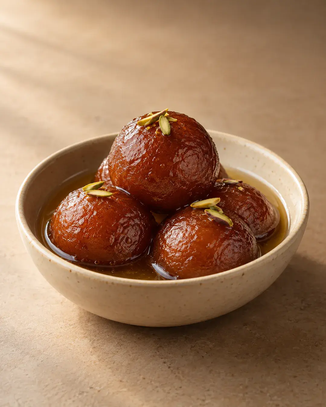 Glossy syrup-soaked gulab jamuns in a cream ceramic bowl