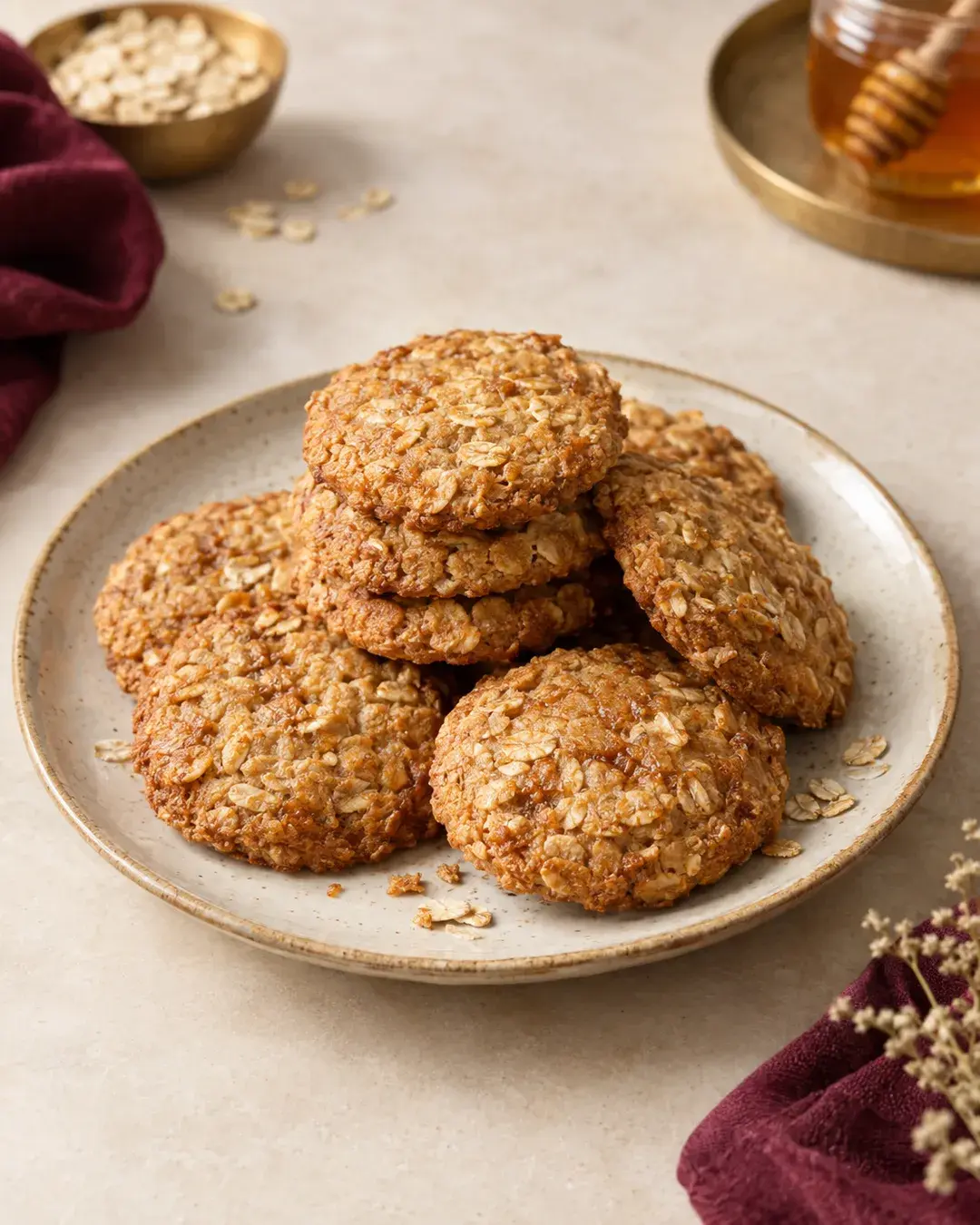 Golden honey and oat cookies with a visible oat texture
