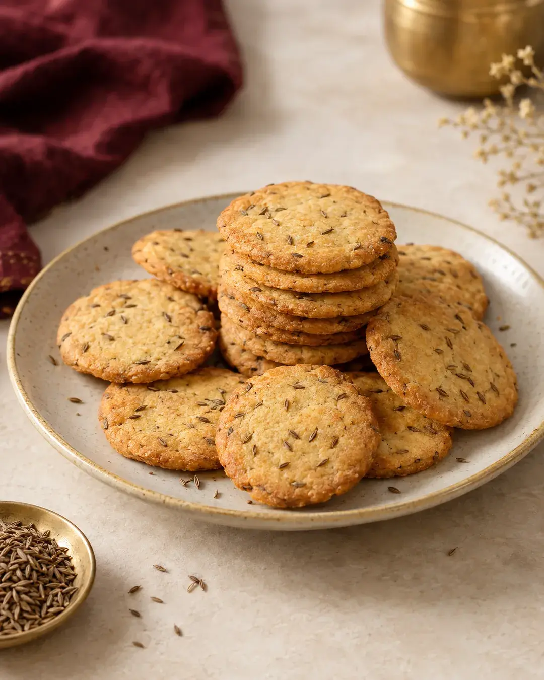 Thin golden cookies speckled with cumin seeds