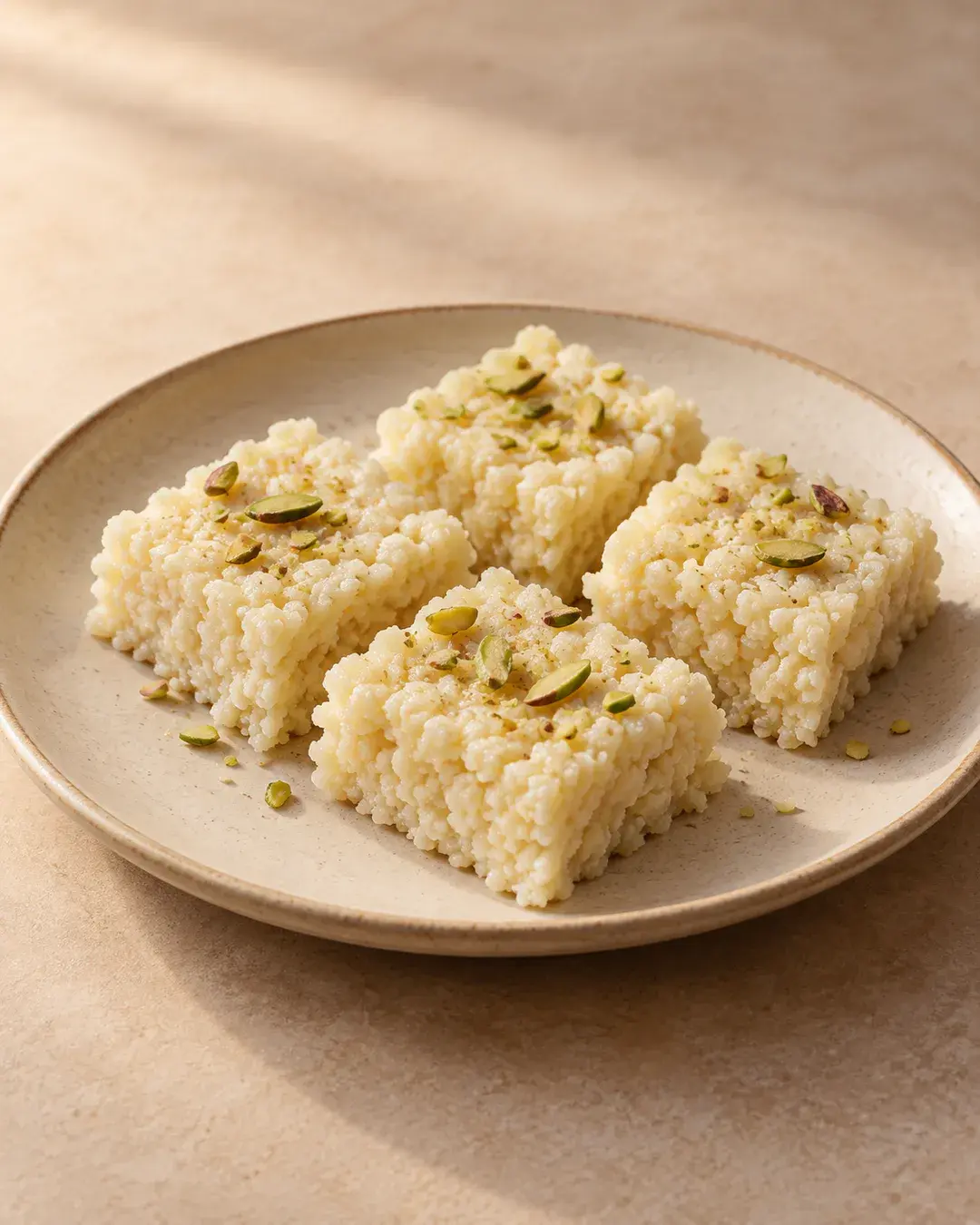 Crumbly ivory kalakand squares with pistachio