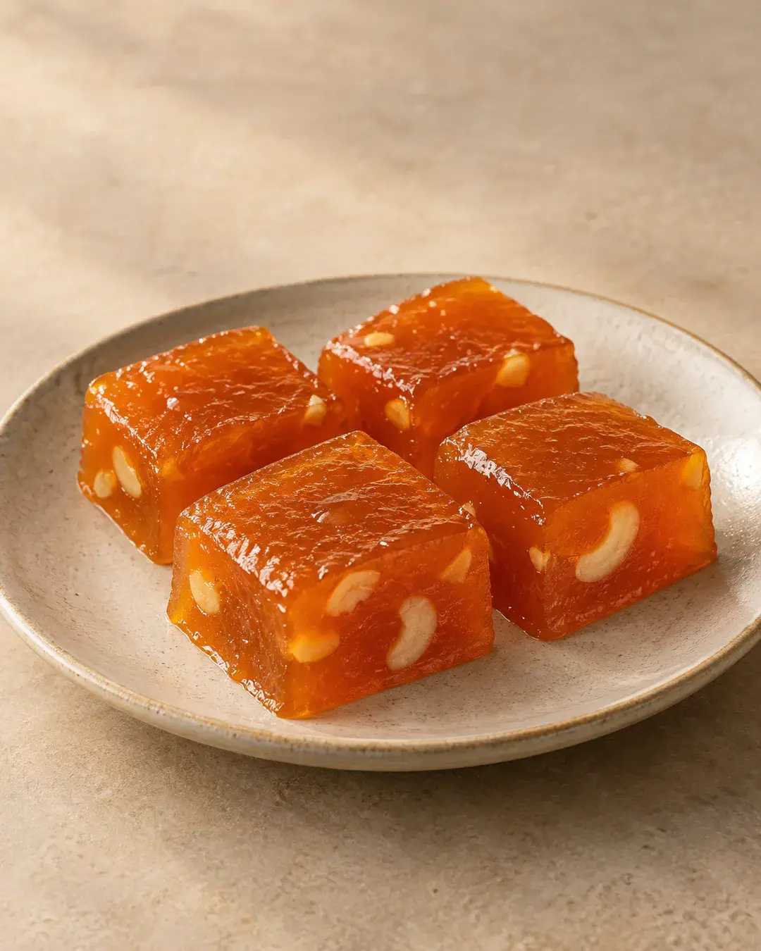 Glossy translucent amber Karachi halwa cubes