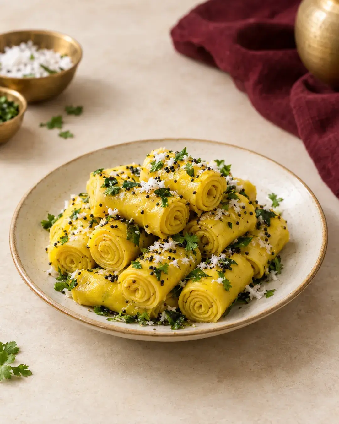 Thin rolled yellow khandvi with mustard seeds, coconut and coriander