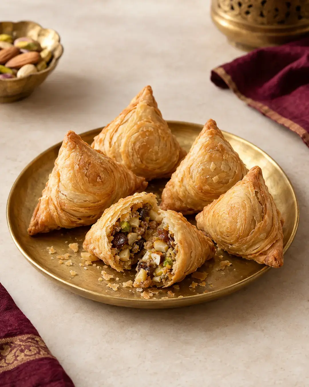 Concept photograph of small layered laccha samosas on a brass plate, one broken to show a dry-fruit filling