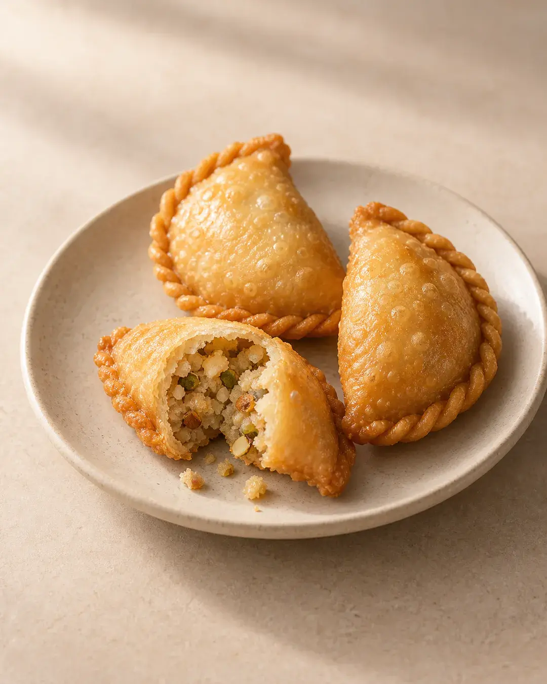 Golden crimped maida gujiyas, one showing its nut filling