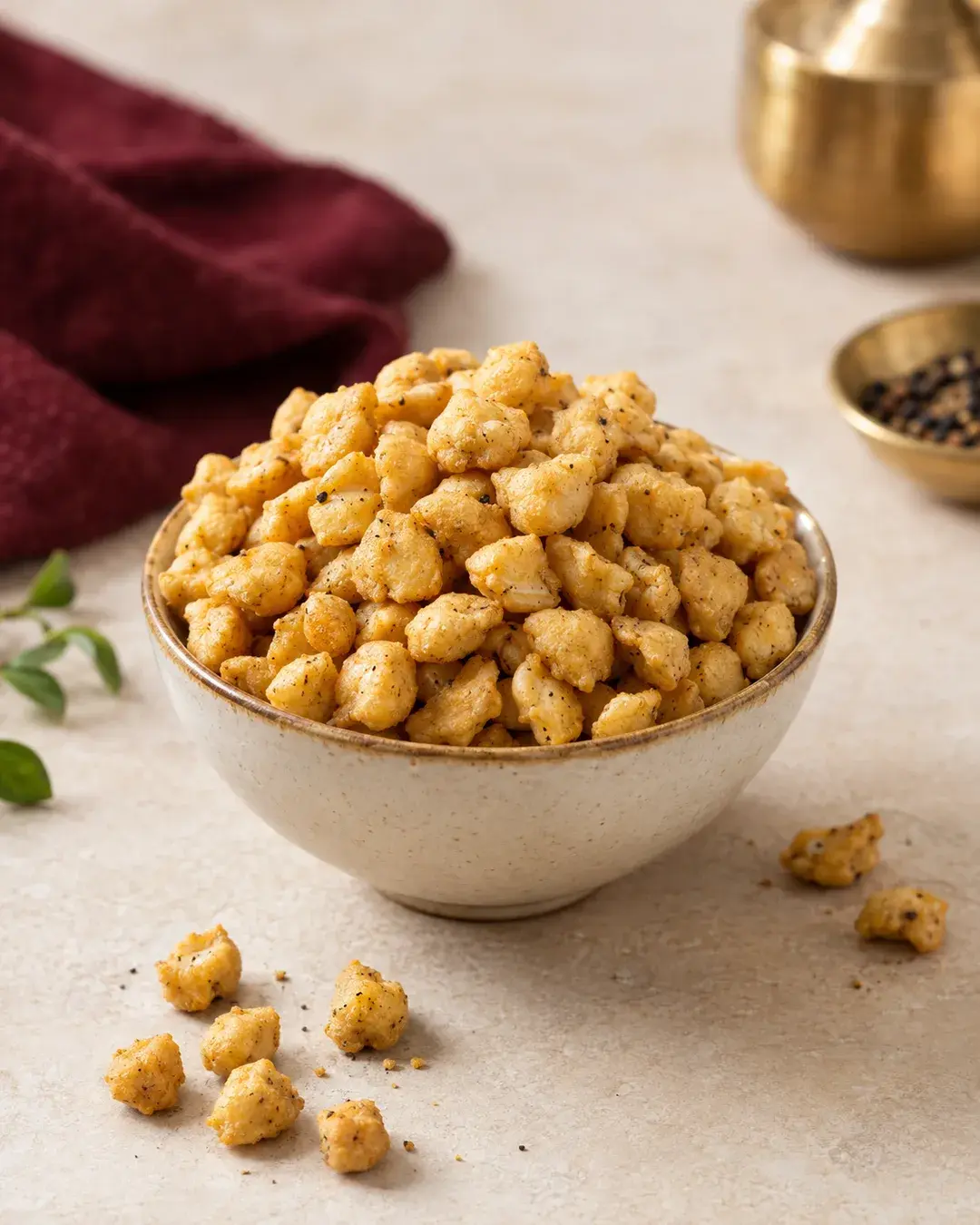 Small crisp fried maida matar pieces, pale golden, in a bowl