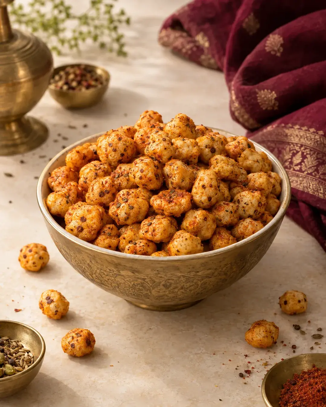 Roasted makhana coated in red masala spice, heaped in a brass bowl