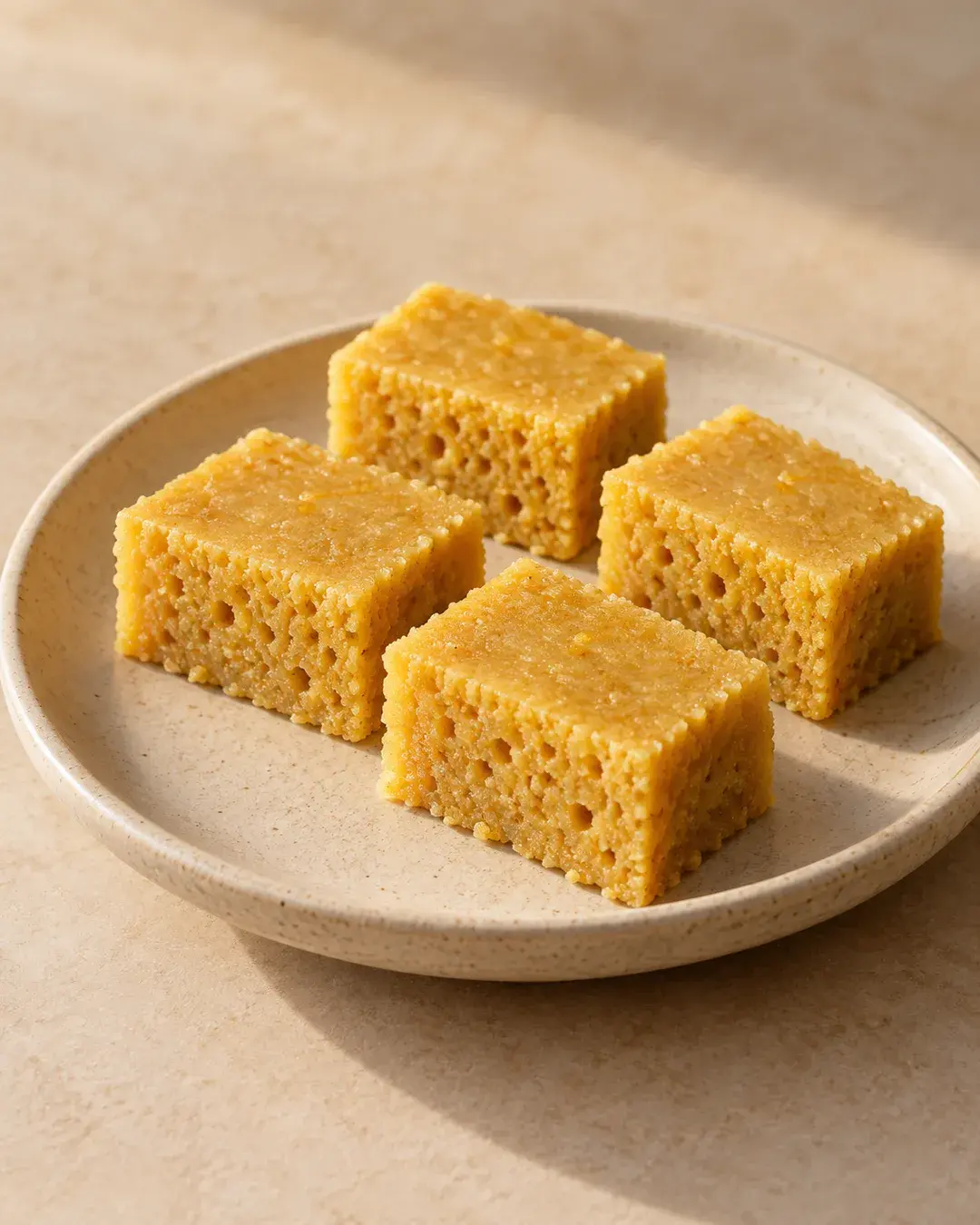 Porous golden mesu gram-flour fudge pieces