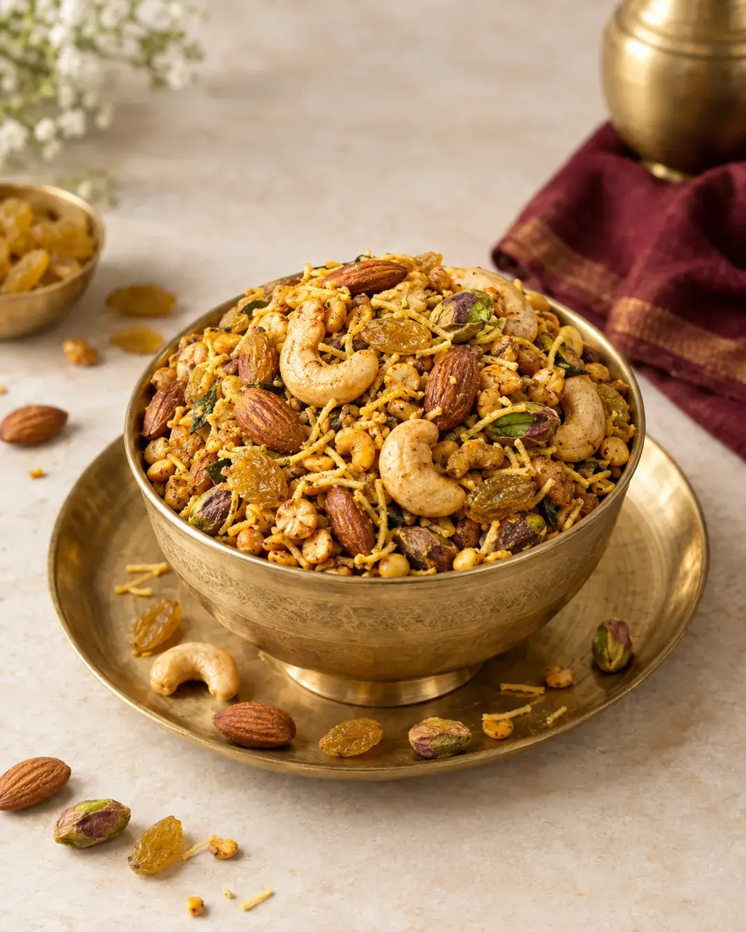Dry-fruit namkeen mixture with cashews, almonds, raisins and sev in a brass bowl