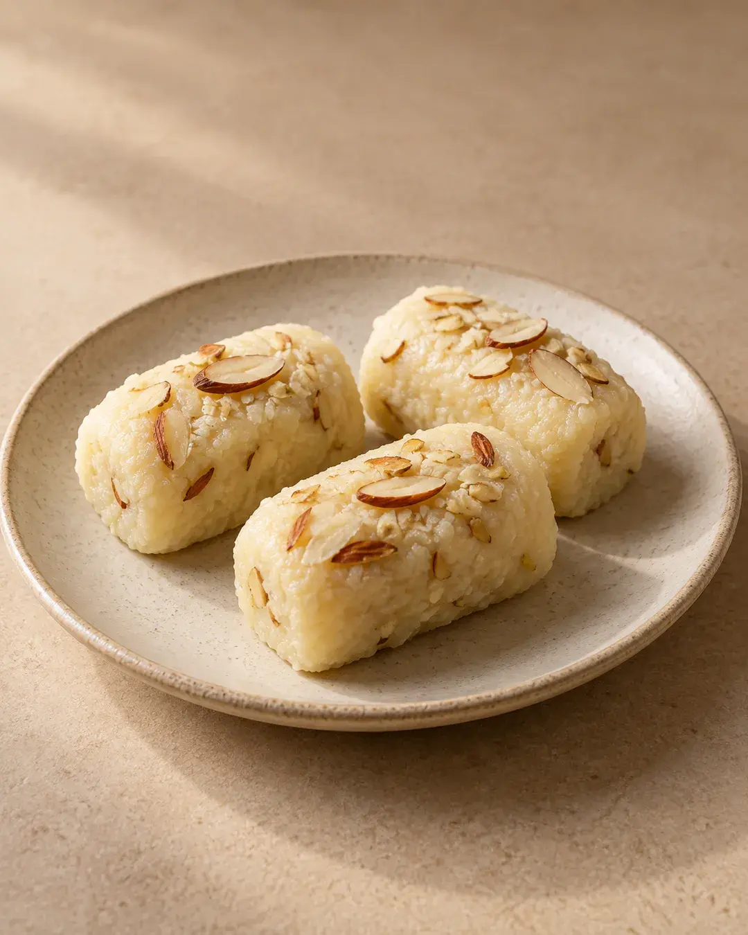 Cream-coloured milk and almond sweets with almond slivers