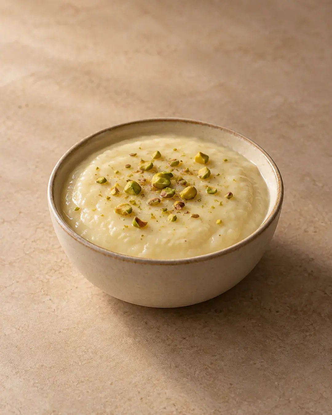 Creamy Indian milk pudding with crushed pistachio