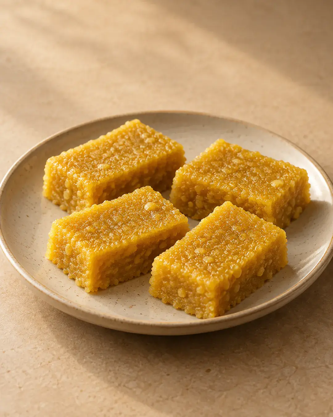 Golden grainy moong dal barfi pieces
