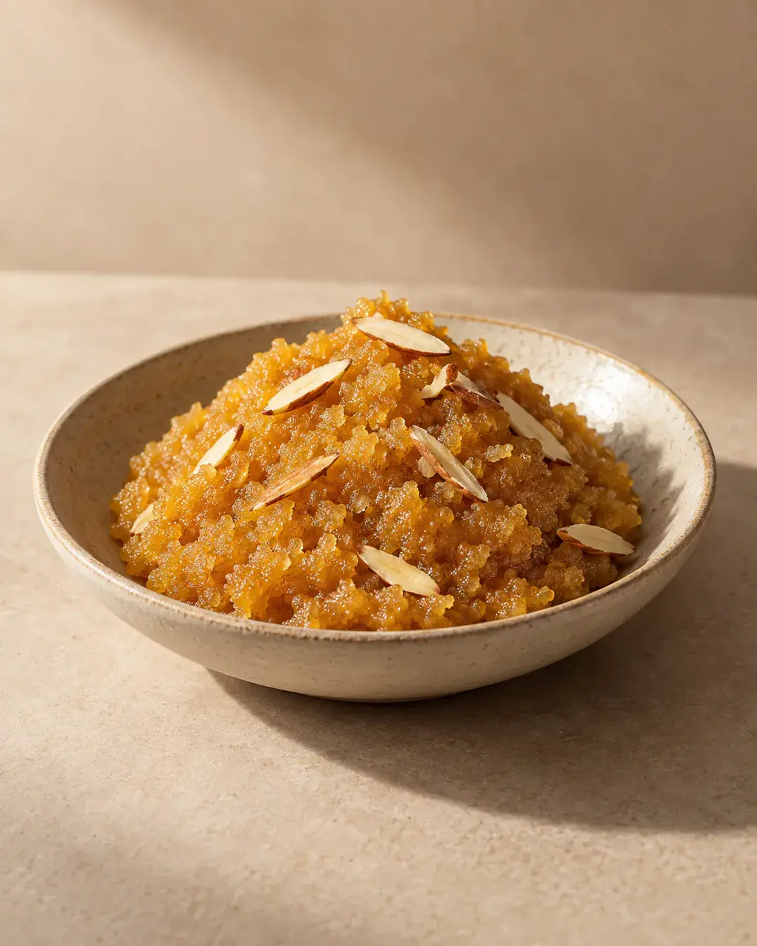 Golden-brown granular moong dal halwa