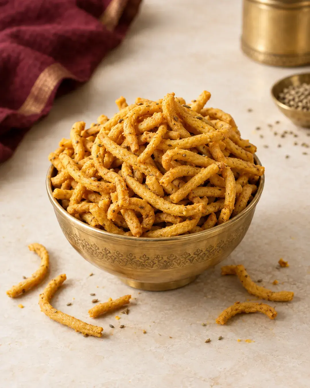 Thick golden gram-flour sev strands heaped in a brass bowl