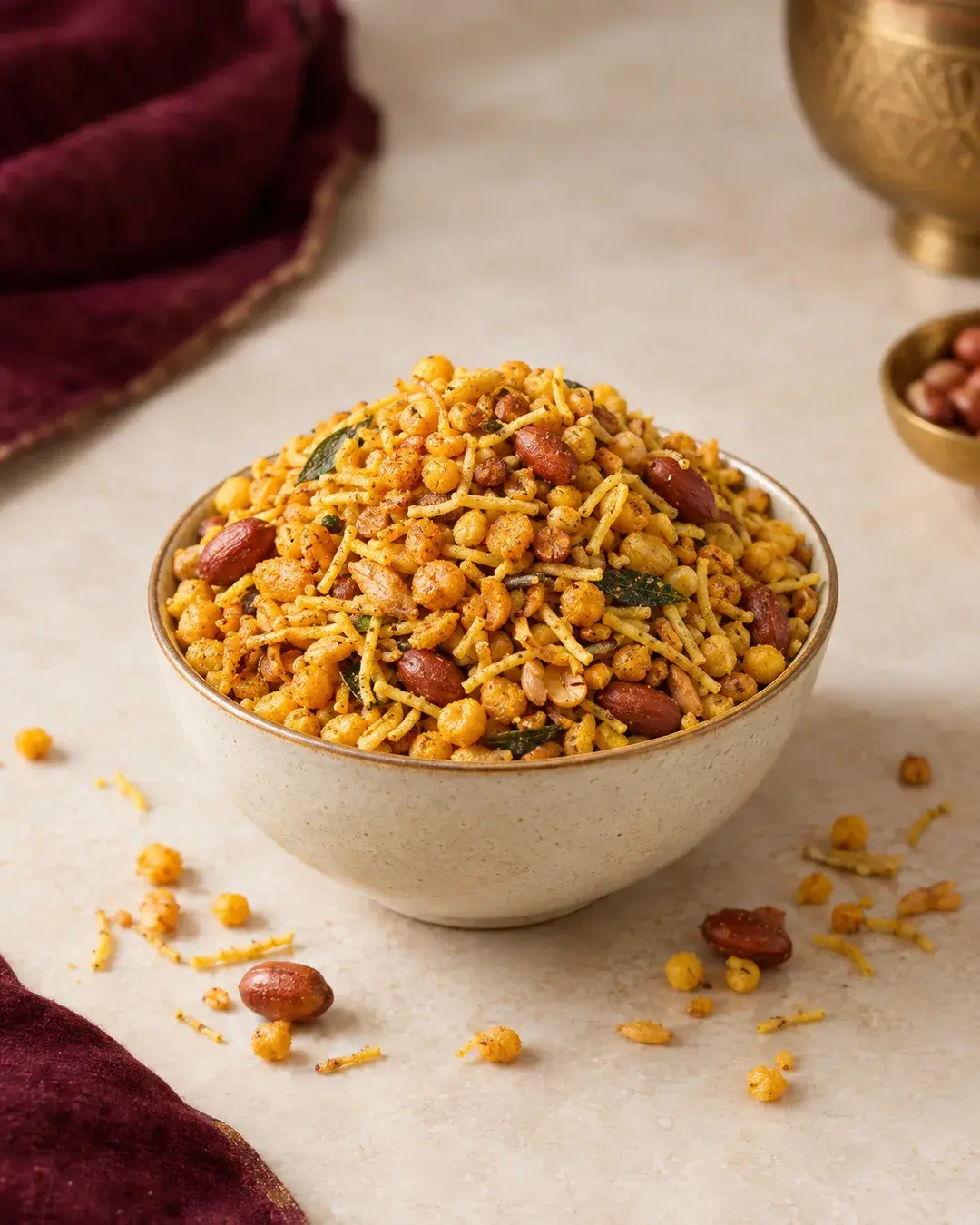 Namkeen mixture of small boondi pearls, sev, lentils and peanuts in a bowl