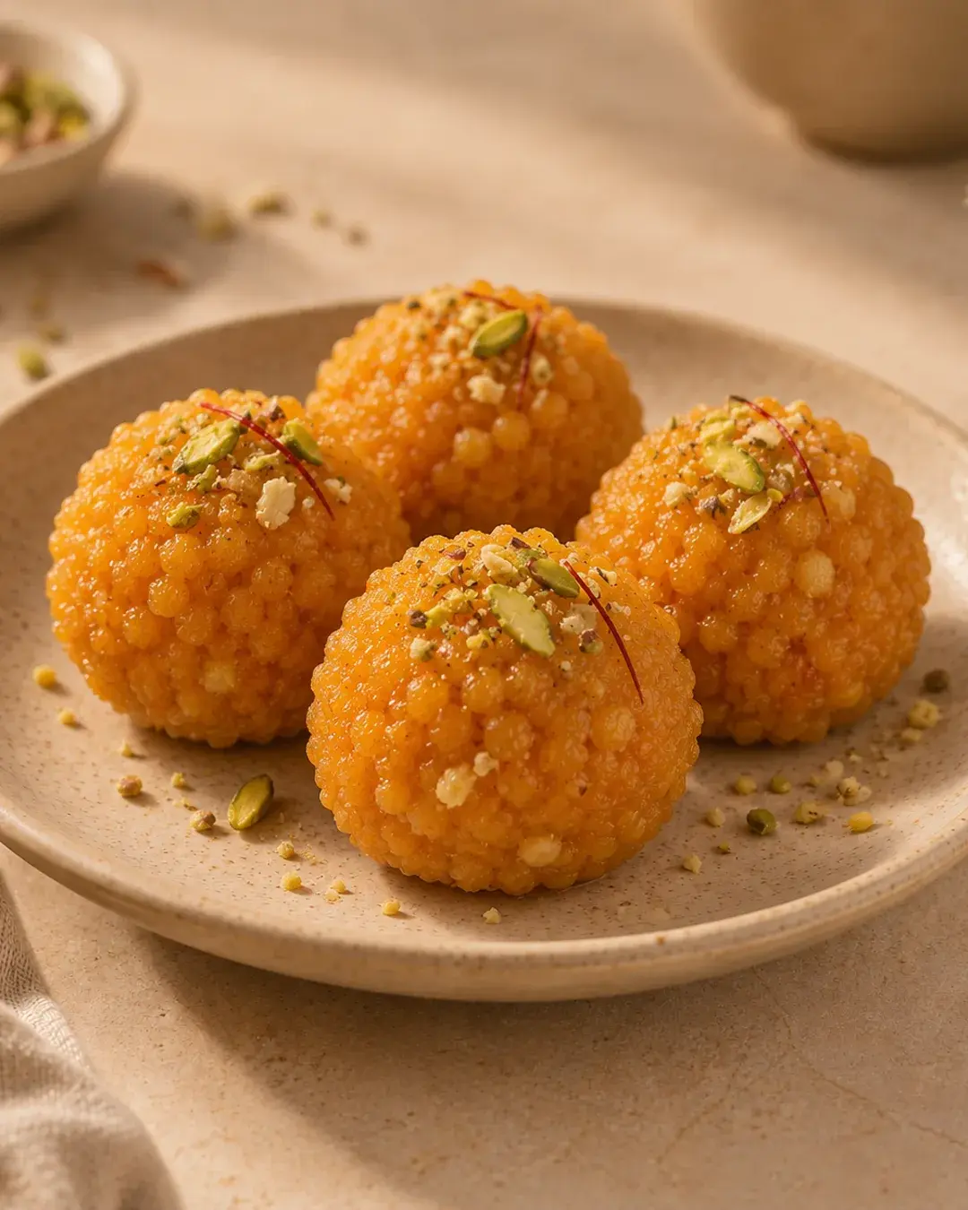 Four motichoor laddus on a stoneware plate, topped with pistachio slivers and saffron threads