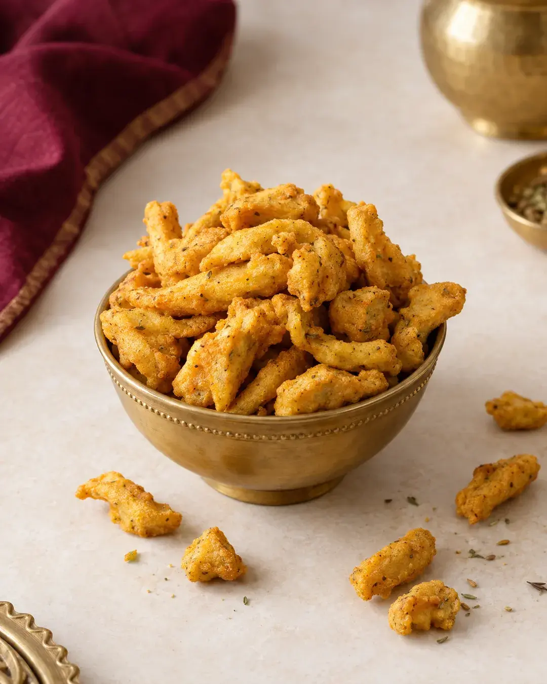 Crunchy fried muggra namkeen pieces in a brass bowl