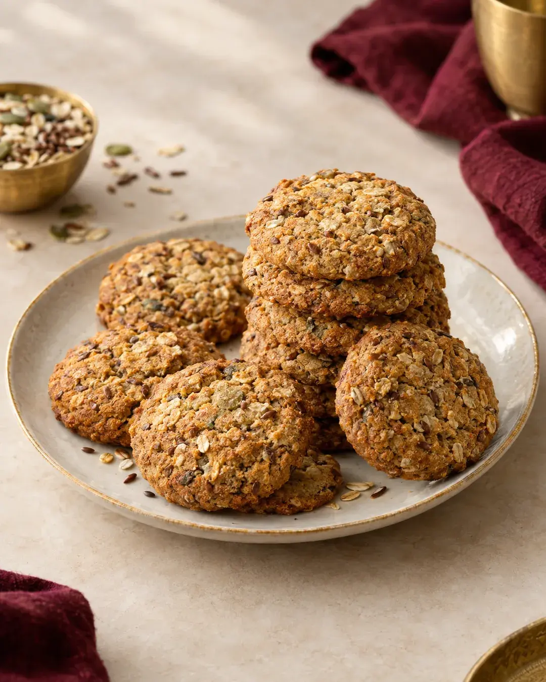 Rustic multigrain cookies with visible oats and seeds