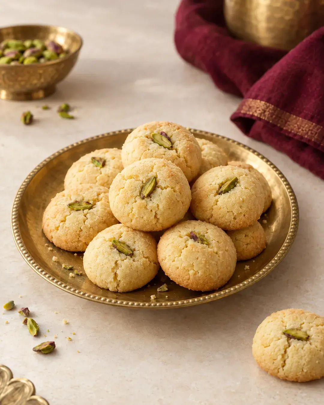Cream-coloured nankhatai with cracked tops and a pistachio sliver