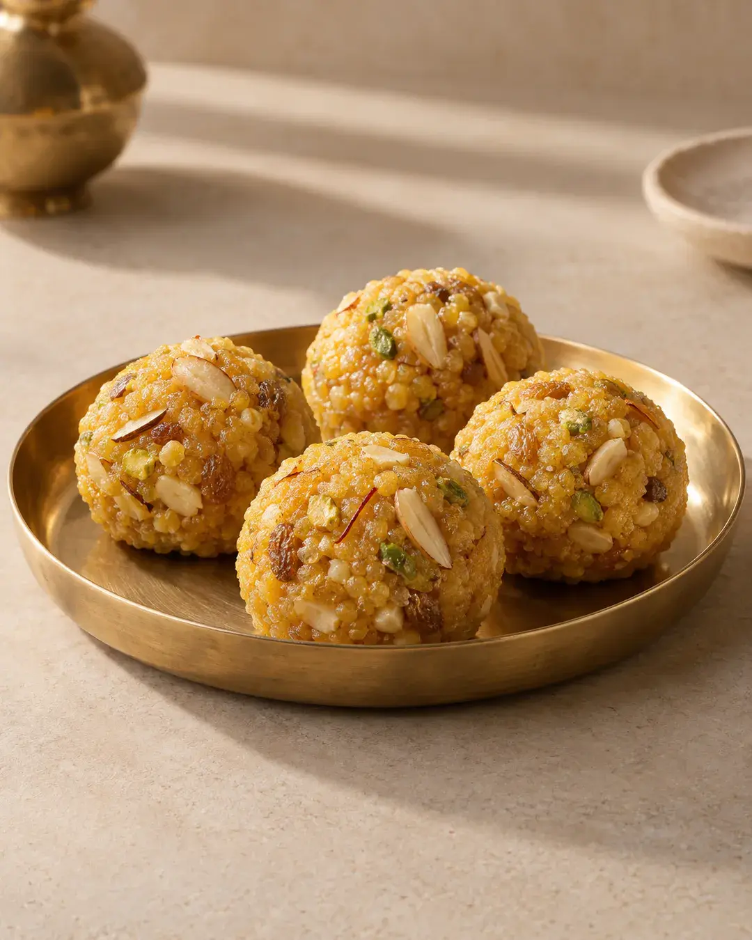 Golden navratan laddus with visible dry-fruit pieces